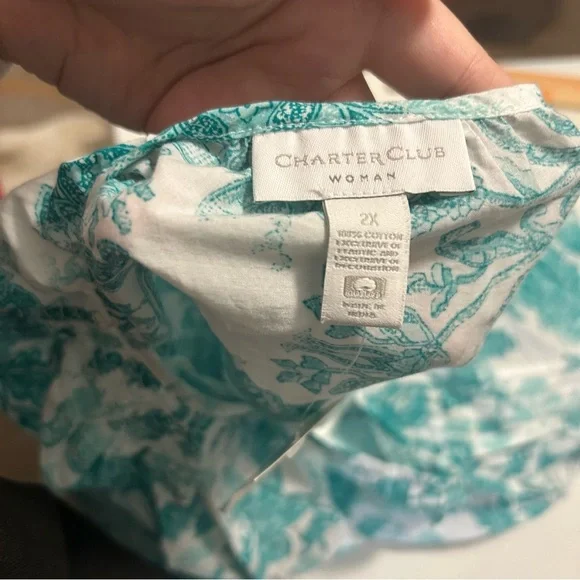 Charter Club Floral Blouse Top Teal Blue White Plus Size 2X S1 - Picture 3 of 7